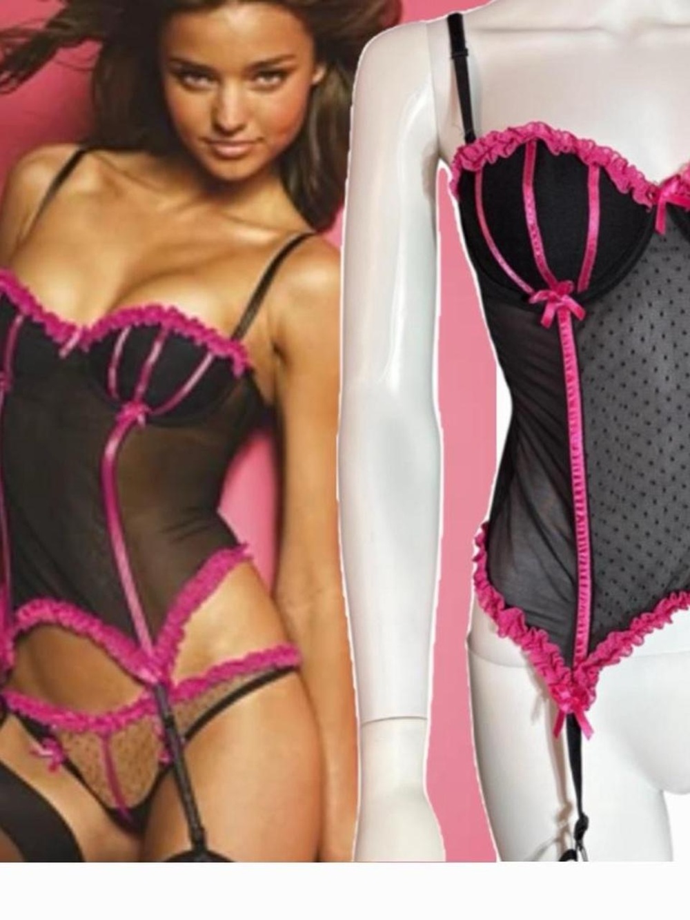 Victoria's Secret Black Sheer Bustier with Hot Pink Trim - M